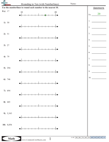 Rounding to Tens with Numberline Worksheet - Rounding to Ten (with Numberlines)  worksheet